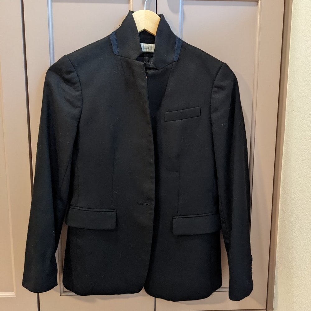 J. Crew Wool Regent Blazer, Black with Navy Blue Stripe, Petite Size 2P